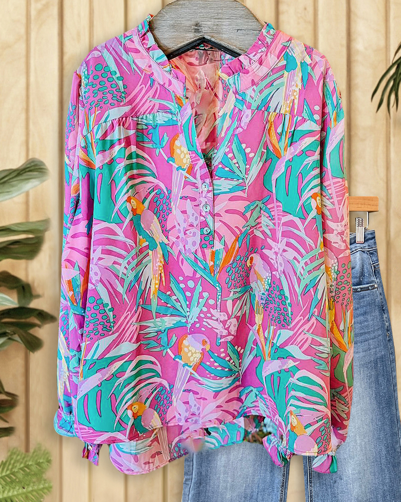 Natural Print Pastoral V Neck Blouse-S.fashion