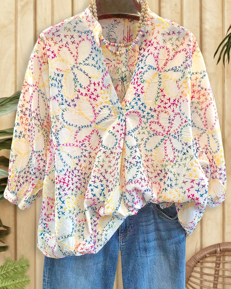 Multicolor Floral Print Chic V Neck T-Shirt-S.fashion