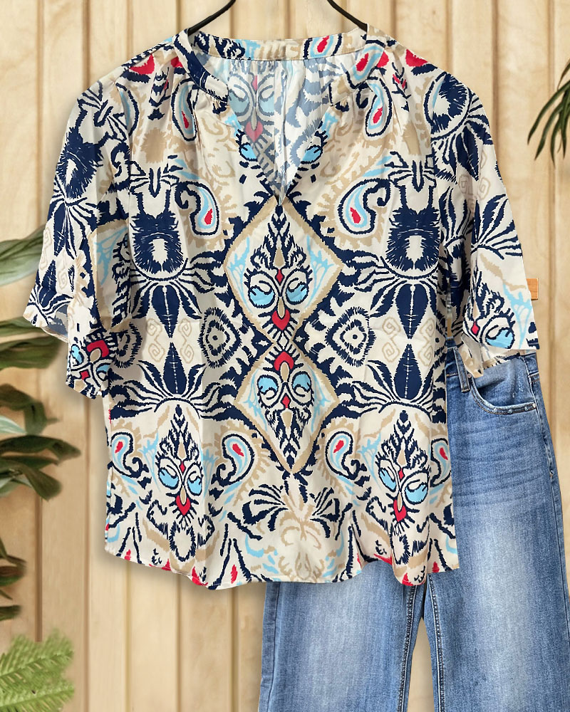Paisley Print Boho V Neck T-Shirt-S.fashion