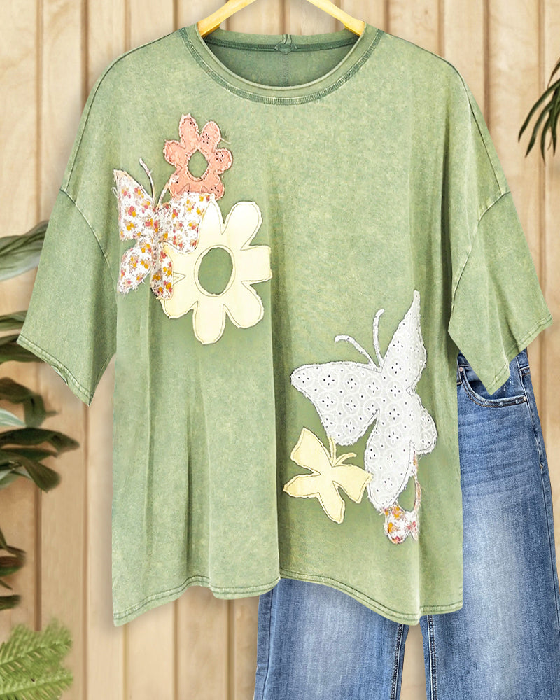 Butterfly & Floral Applique Casual Drop-Shoulder T-Shirt-S.fashion