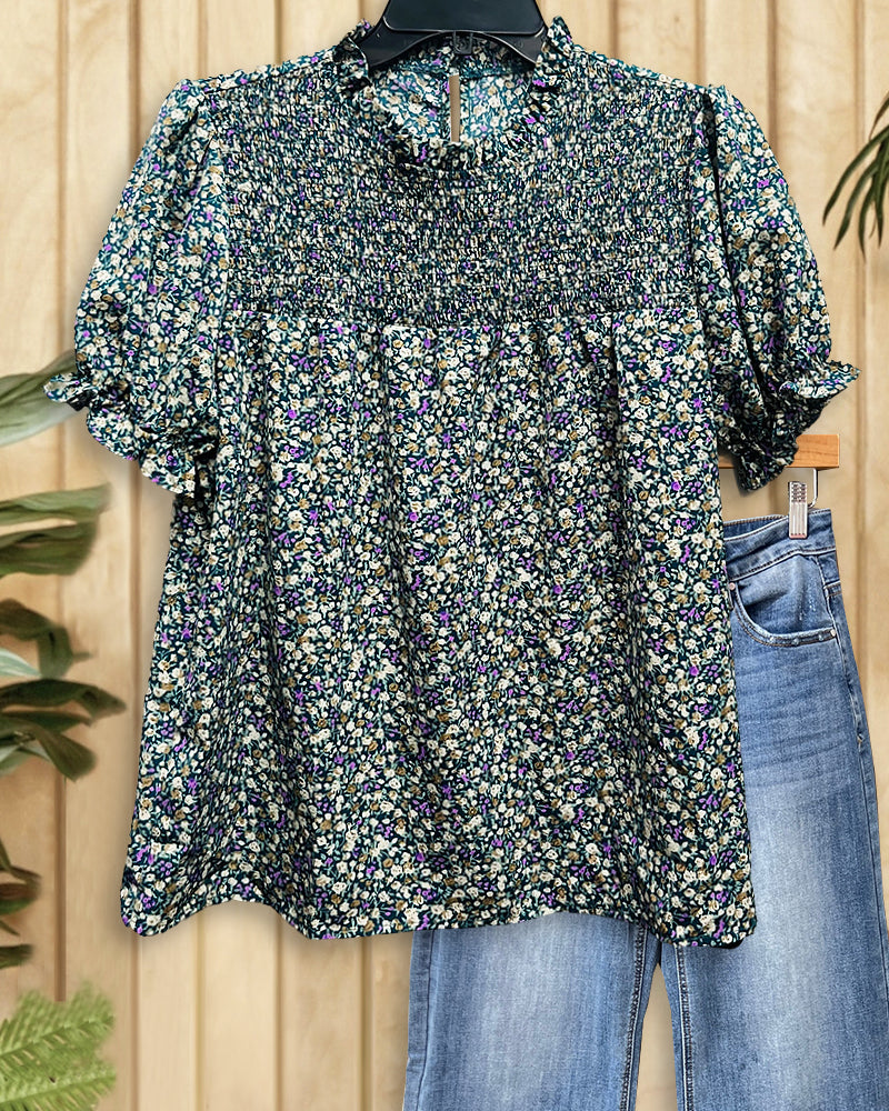 Floral Print Strap Shirred Cute Puff Sleeve T-Shirt-S.fashion