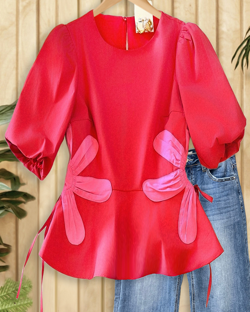 Floral Applique Color Block Stunning Tie Side T-Shirt-S.fashion