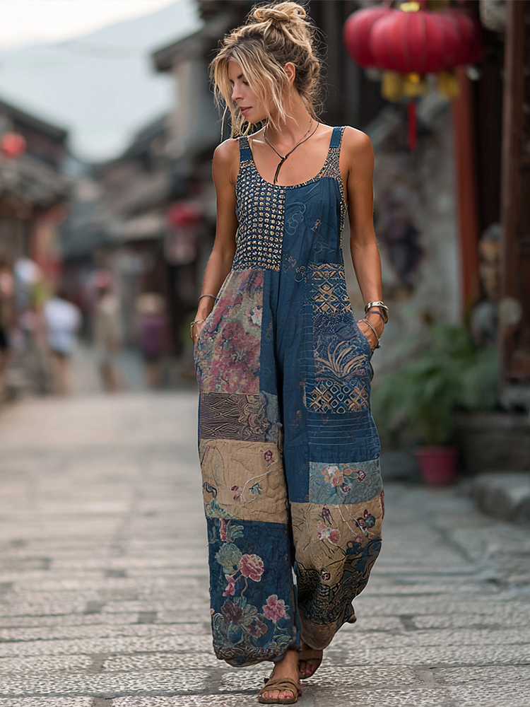 Women's style Floral Linen Sleeveless Jumpsuit-S.fashion