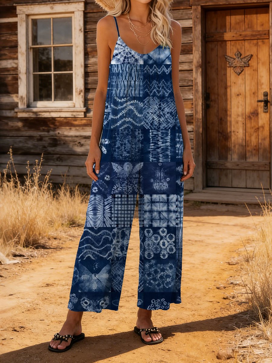 Women's Retro Tie-dye Plaid Art Print Casual Jumpsuit-S.fashion