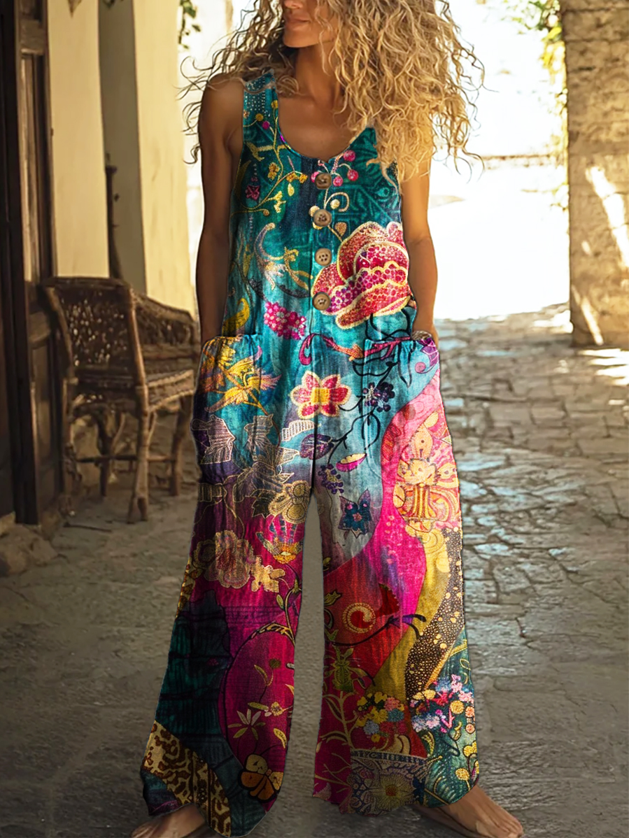 Women's Colorful Ethnic Floral Art Print Casual 100% Cotton Wide Leg Jumpsuit-S.fashion