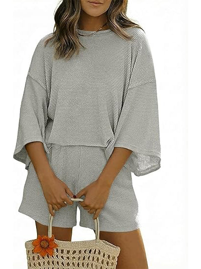 Women's Waffle Knit 3/4 Sleeve 2 Piece Lounge Set-S.fashion