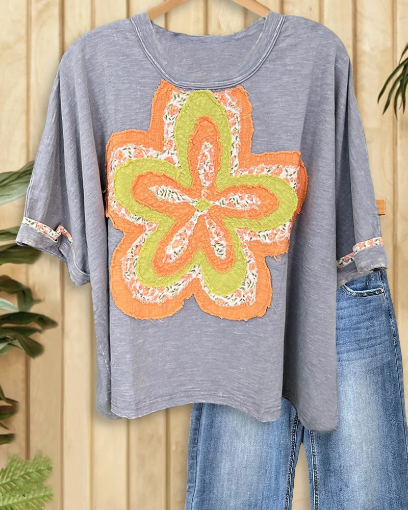 Printed Flower Applique Oversized Round Neck T-Shirt-S.fashion