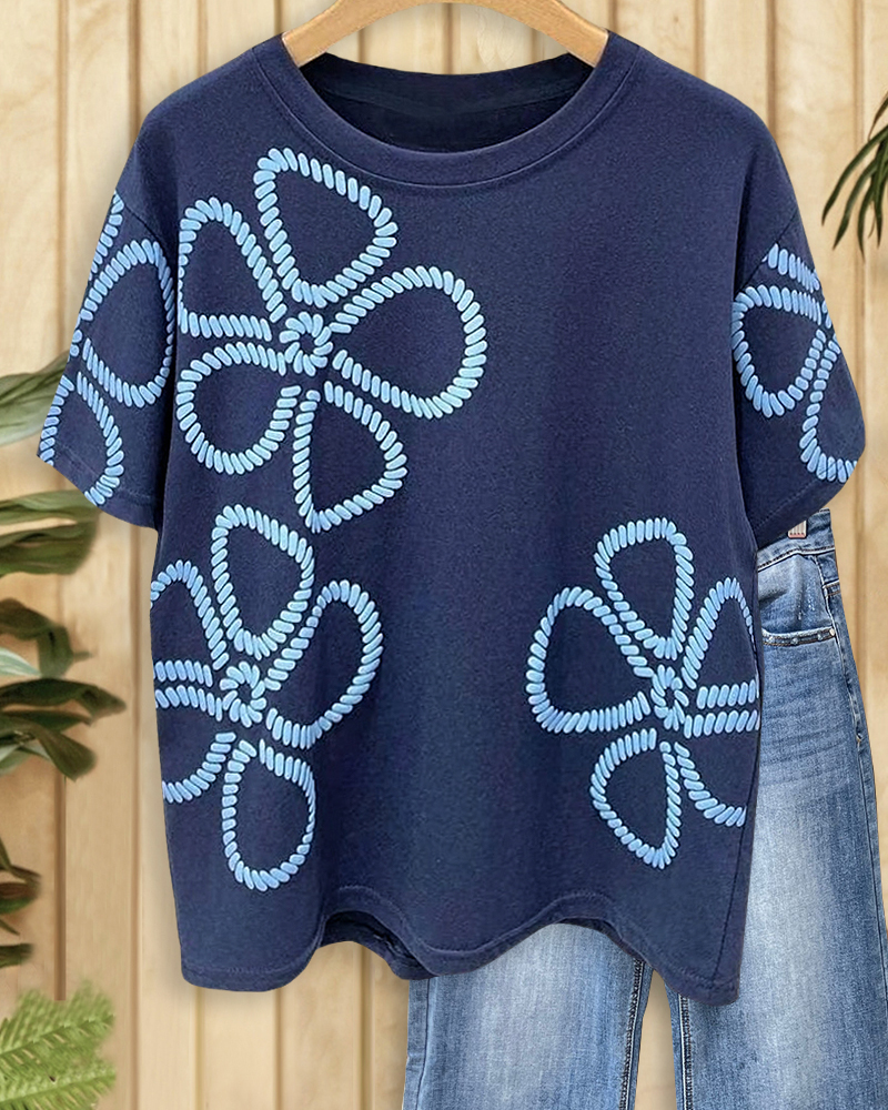 Floral Print On-trend Round Neck T-Shirt-S.fashion