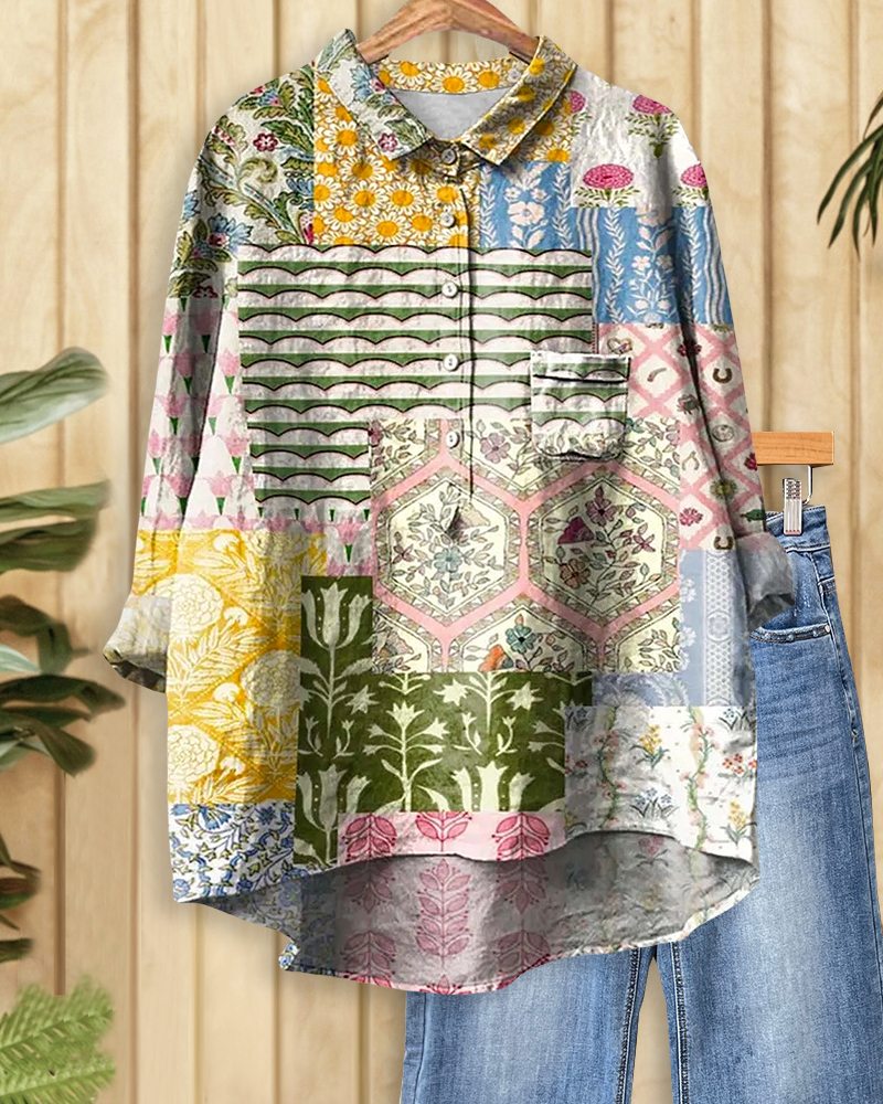 Floral Print Retro Shirt Collar Blouse-S.fashion