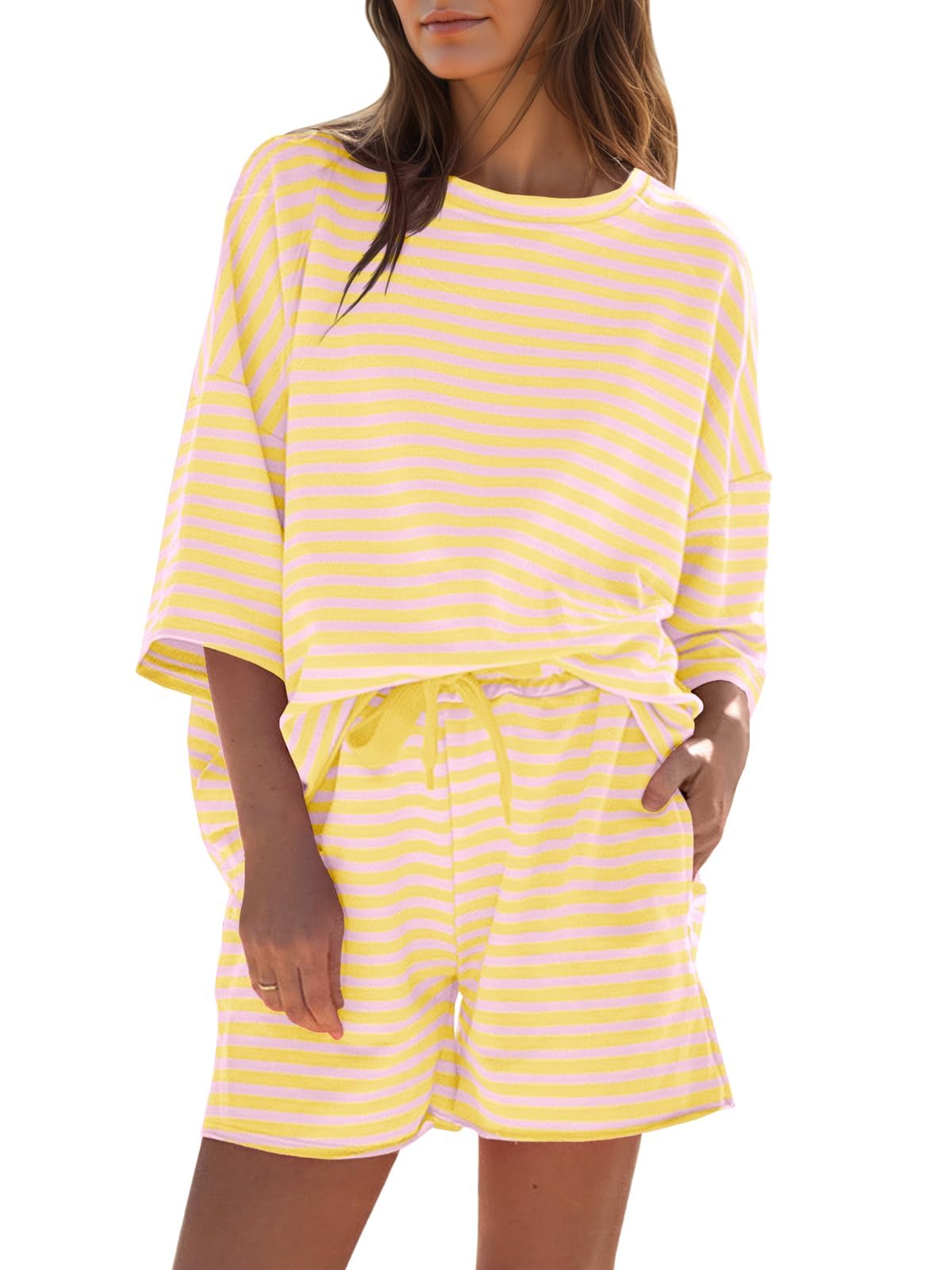 Womens Striped 3/4 Sleeve Oversized Tops High Waisted Shorts Casual Lounge Sets-S.fashion