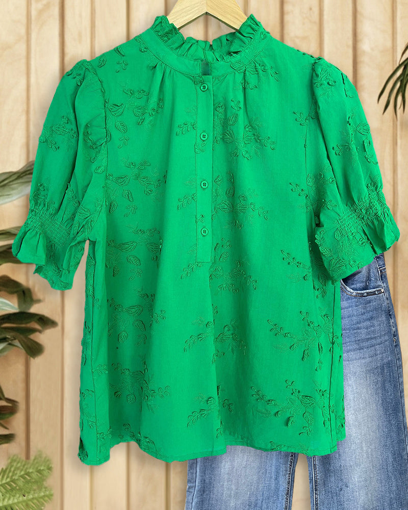 Solid Color Floral Embroidery Elegant Puff Sleeve Blouse-S.fashion