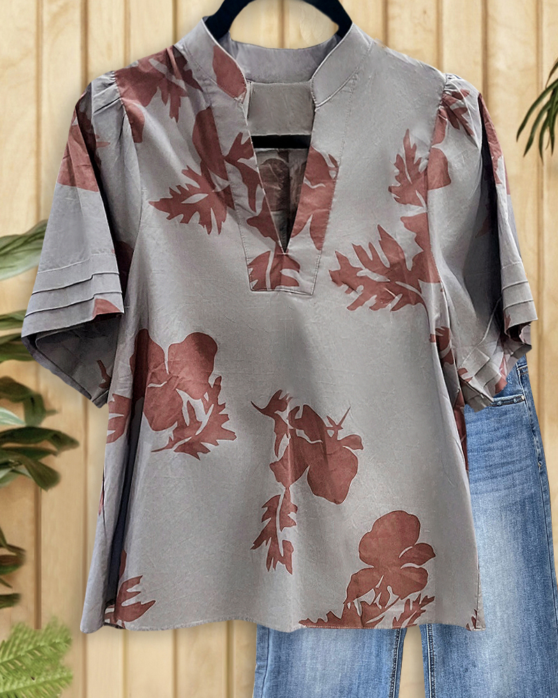 Floral Print Retro V Neck T-Shirt-S.fashion