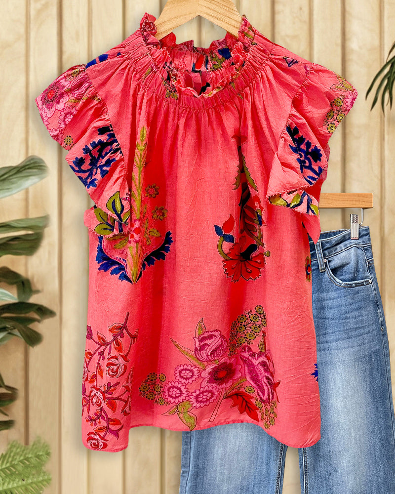 Floral Print Relaxed Ruffle Sleeve T-Shirt-S.fashion