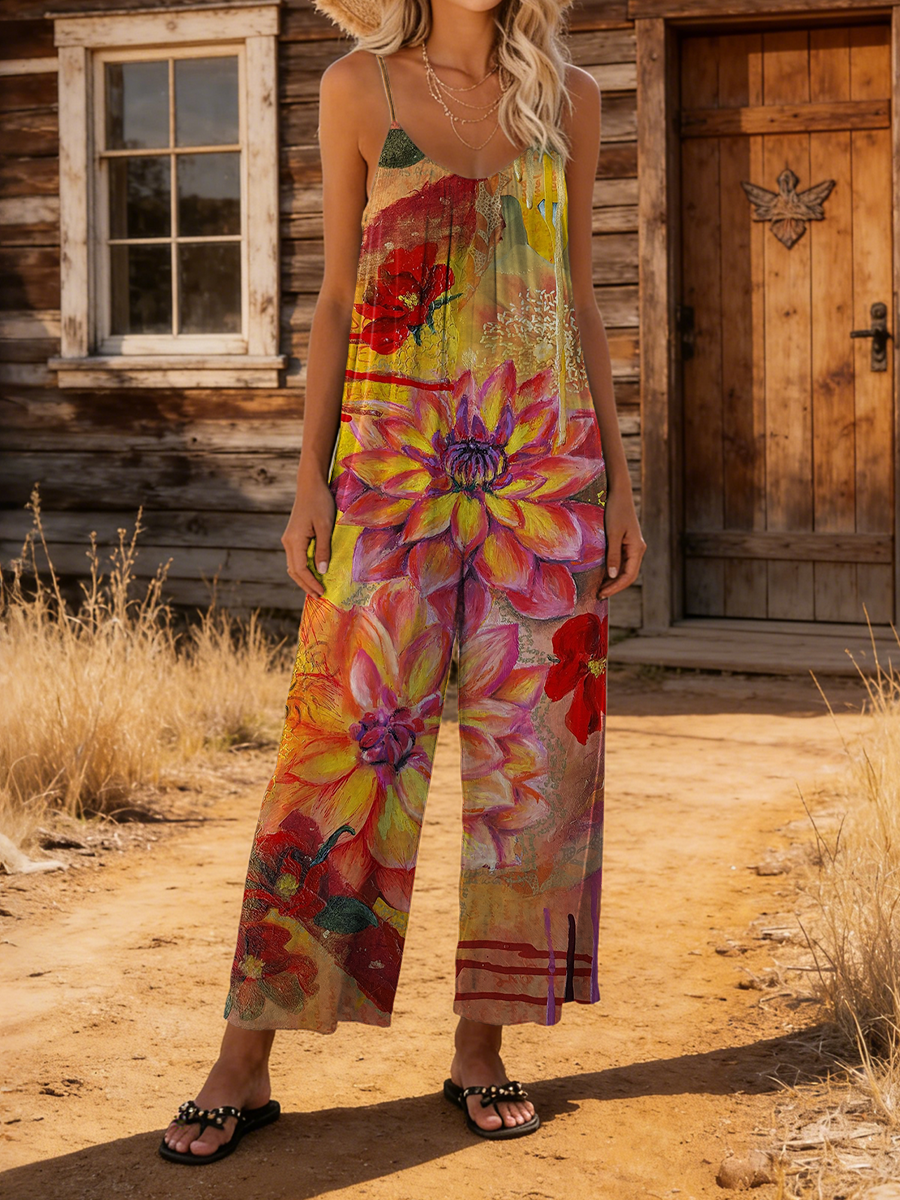 Women's Retro Colorful Floral Art Print Casual Camisole Jumpsuit-S.fashion