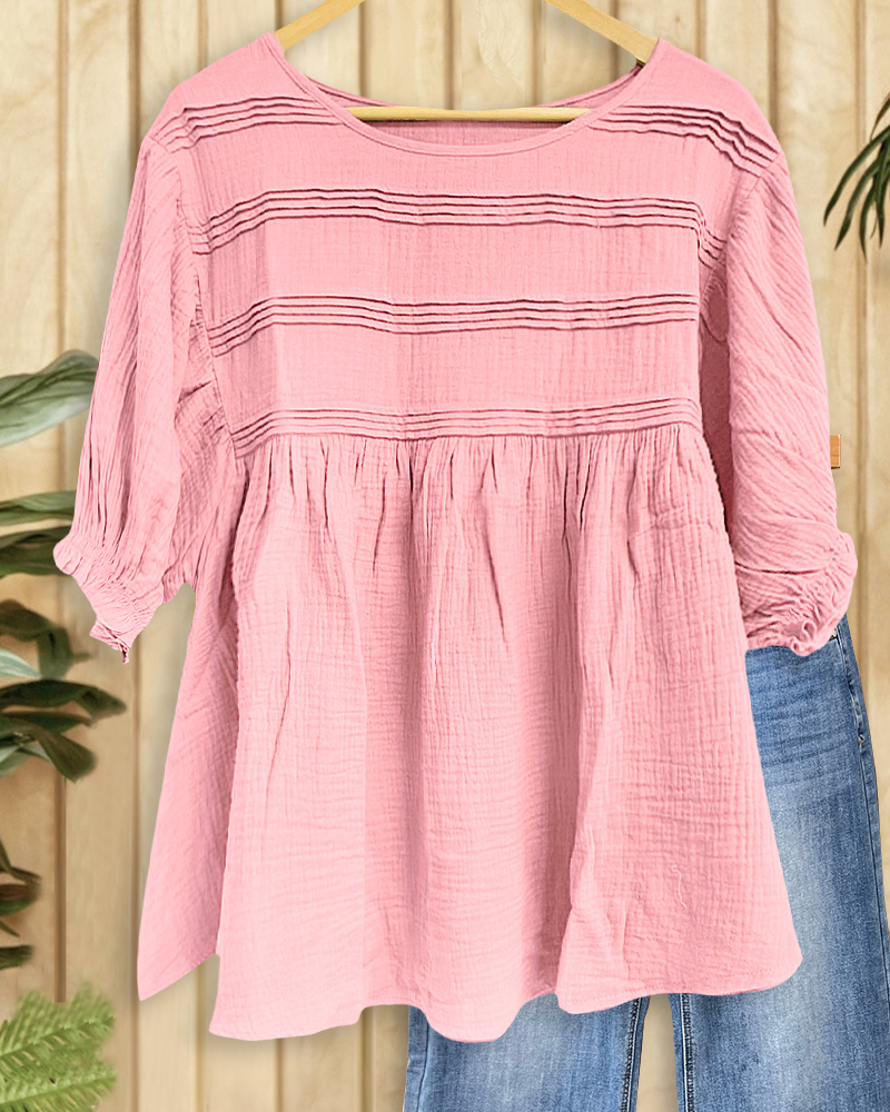 Solid Color Girly Pleated Babydoll Blouse-S.fashion