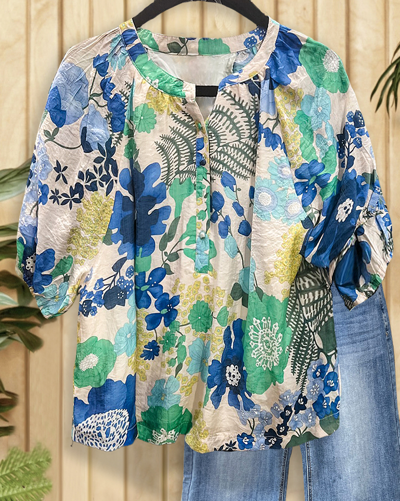 Floral Print Feminine Round Neck Button Detail Blouse-S.fashion