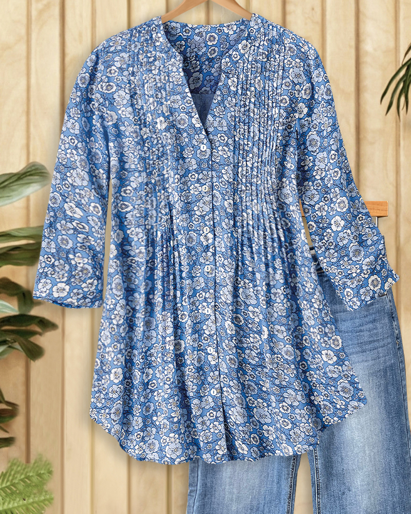 Floral Print Pleated Button Laid Back Blouse-S.fashion