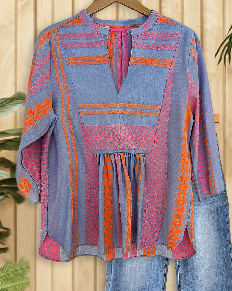 Geometric Print Relaxed V Neck Blouse-S.fashion