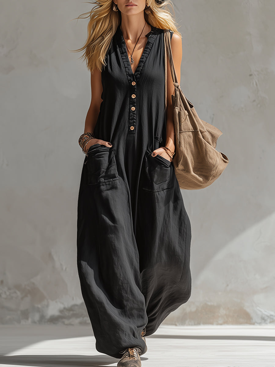 Elegant Urban-style Black Cotton And Linen Sleeveless Jumpsuit-S.fashion