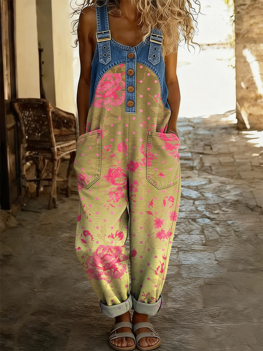 Women's Retro Ethnic Floral Gradient Art Print Casual Strappy Denim Jumpsuit-S.fashion