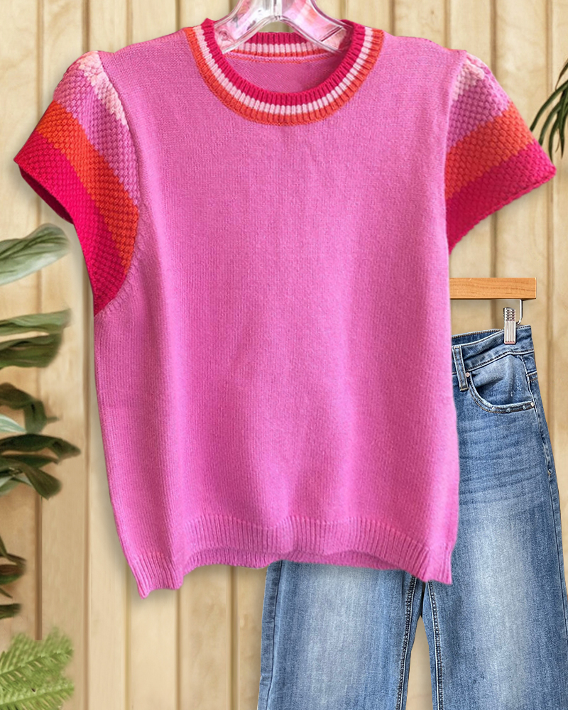 Color Block Sweet Knitted Round Neck T-Shirt-S.fashion