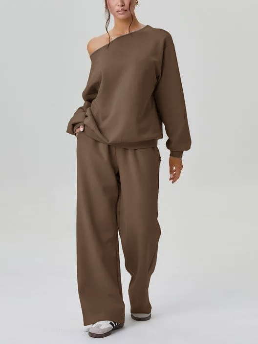 Women's Solid Sloping Shoulder Long Sleeve Top & Wide Leg Trousers Set-S.fashion
