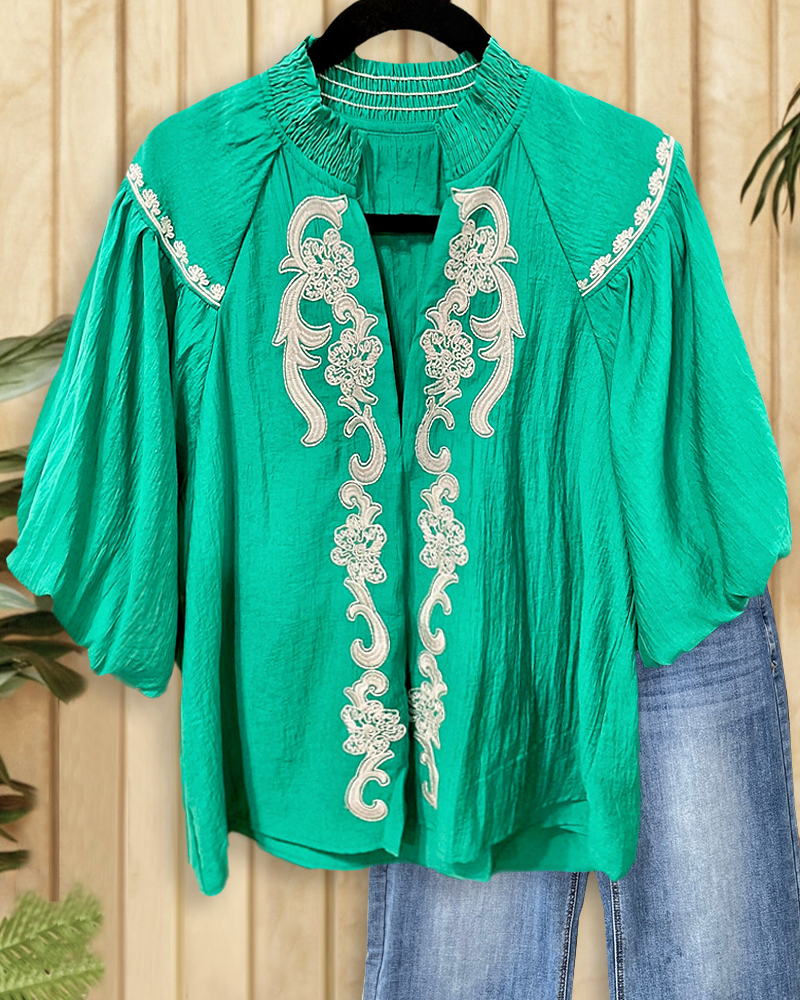 Floral Print Ethnic V Neck Puff Sleeve T-Shirt-S.fashion