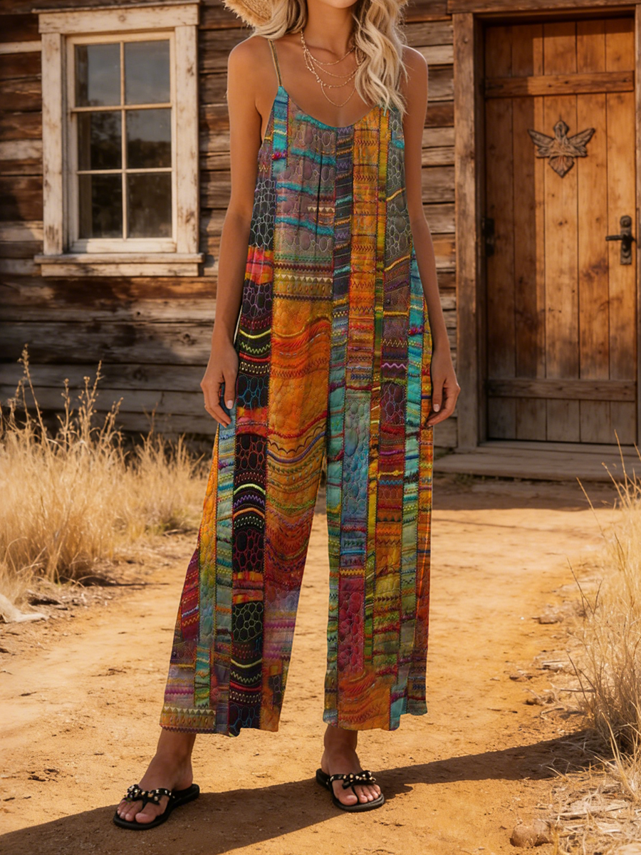 Women's Retro Colorful Ethnic Striped Art Print Casual Camisole Jumpsuit-S.fashion