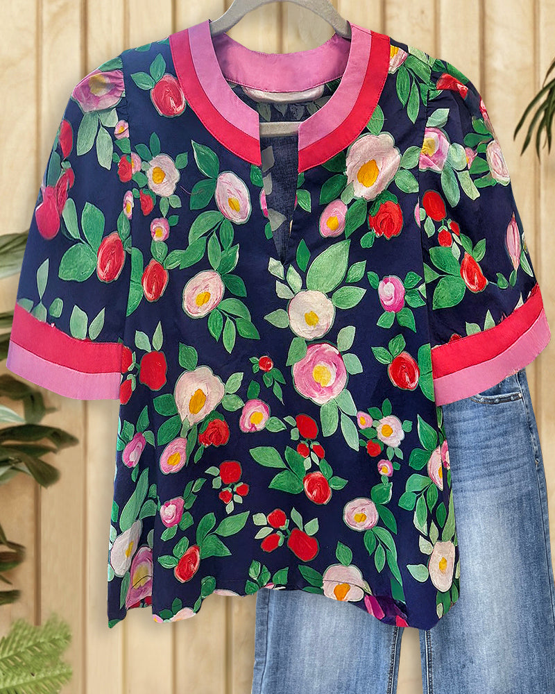 Floral Print Romantic V Neck T-Shirt-S.fashion