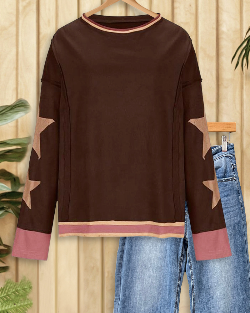 Patchwork Star Applique On-trend Drop Shoulder Sweatshirt-S.fashion