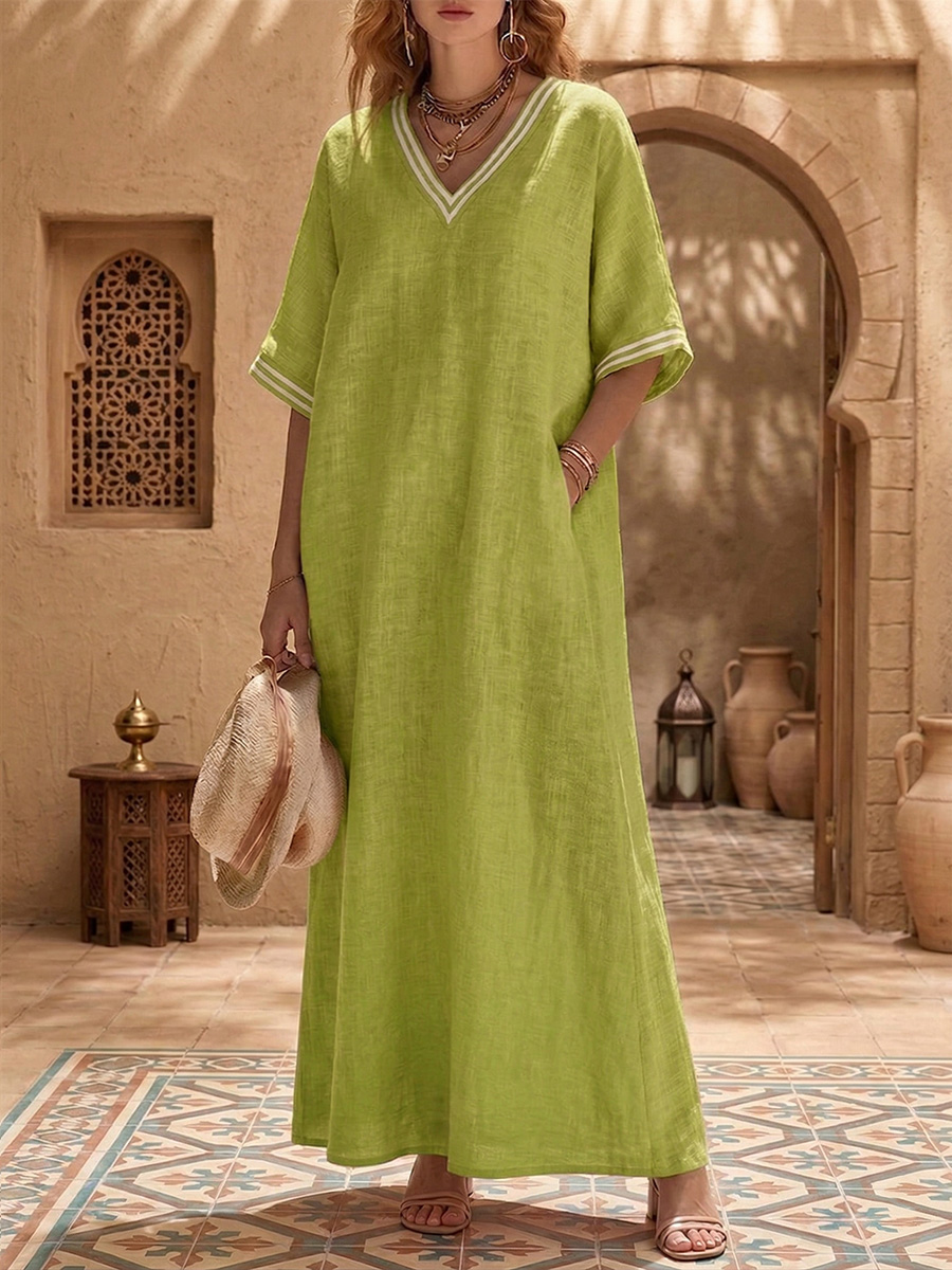 New Arrivals🔥 Women's Vintage Cozy Loose-Fit V-Neck Striped Cotton Linen Dress