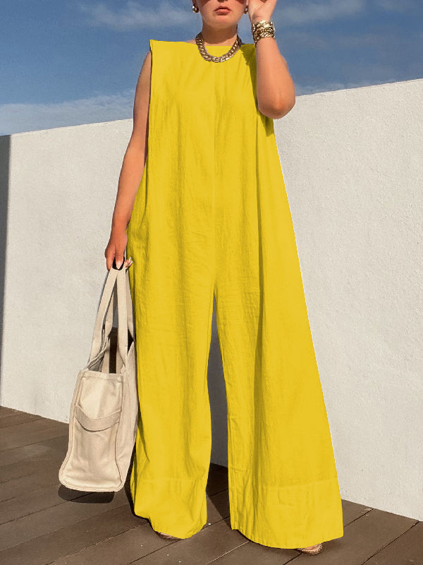 Sleeveless Wide Leg Shoulder Pad Solid Color Jumpsuits-S.fashion