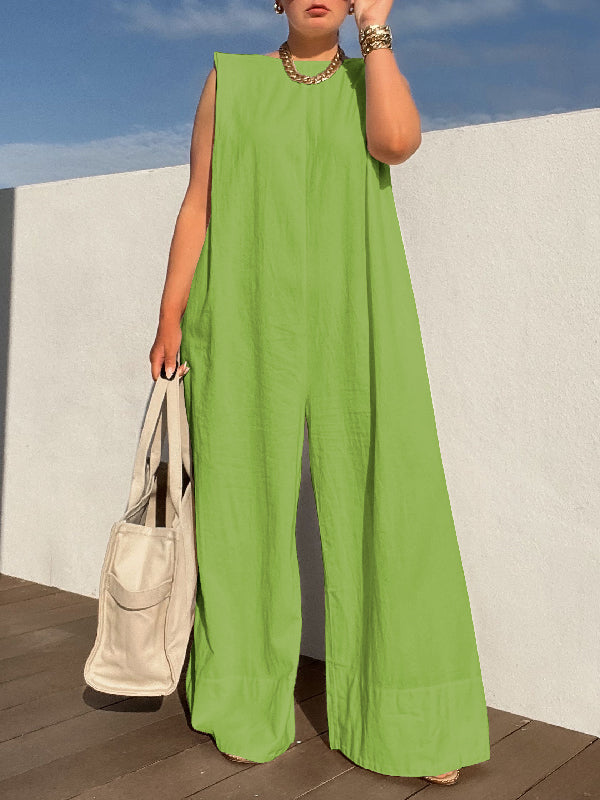 Sleeveless Wide Leg Shoulder Pad Solid Color Jumpsuits-S.fashion