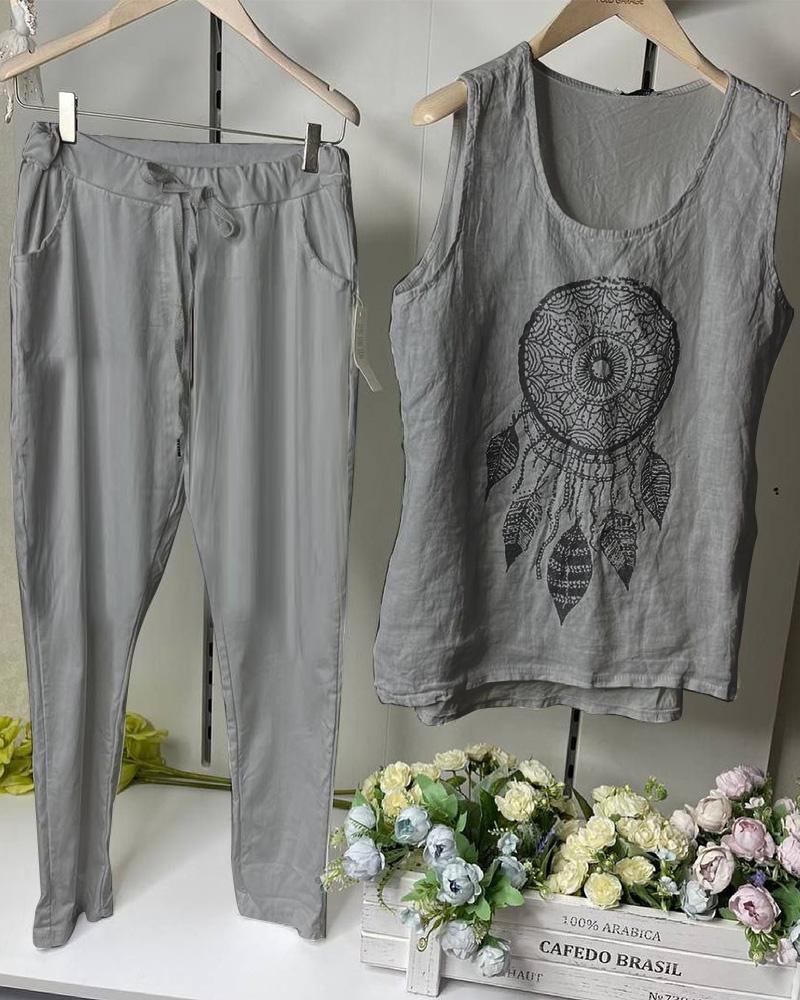 Women's Dreamcatcher Print Sleeveless Casual Two-piece Suits-S.fashion