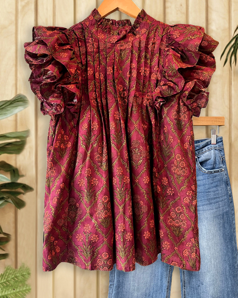 Floral Print Ruffle Sleeve Smart Pleated T-Shirt-S.fashion