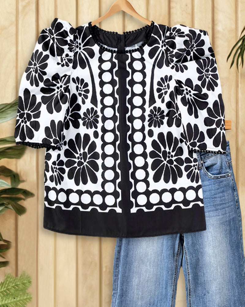 Contrasting Floral Print Retro Puff Sleeve T-Shirt-S.fashion