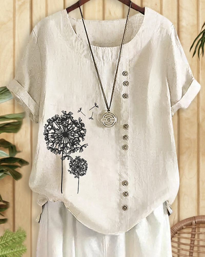 Dandelion Print Cozy Round Neck T-Shirt-S.fashion