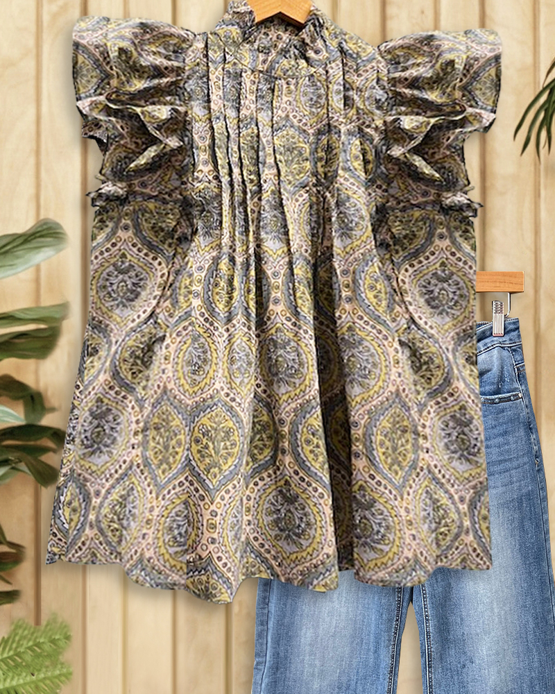 Tribal Print Pleated Detail Retro Ruffles T-Shirt-S.fashion