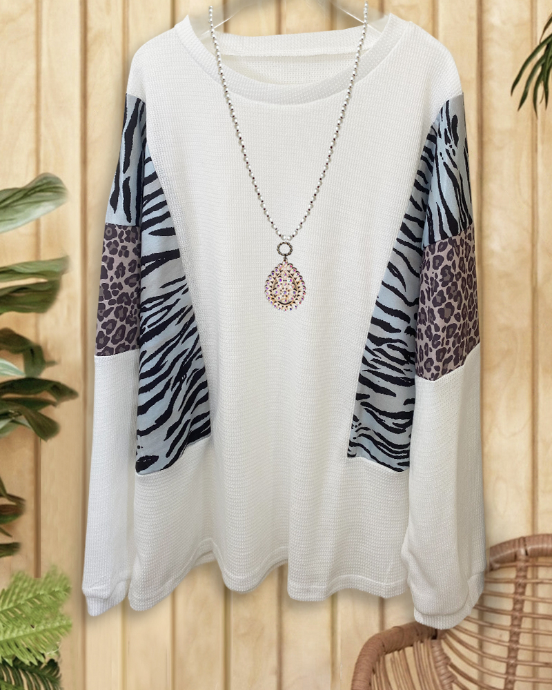Colorblock Animal Print Waffle Top-S.fashion