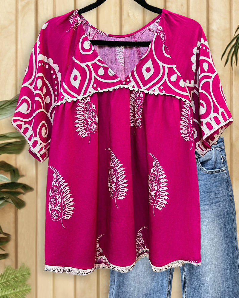 Floral Print V Neck Ethnic Scalloped Trim Blouse-S.fashion