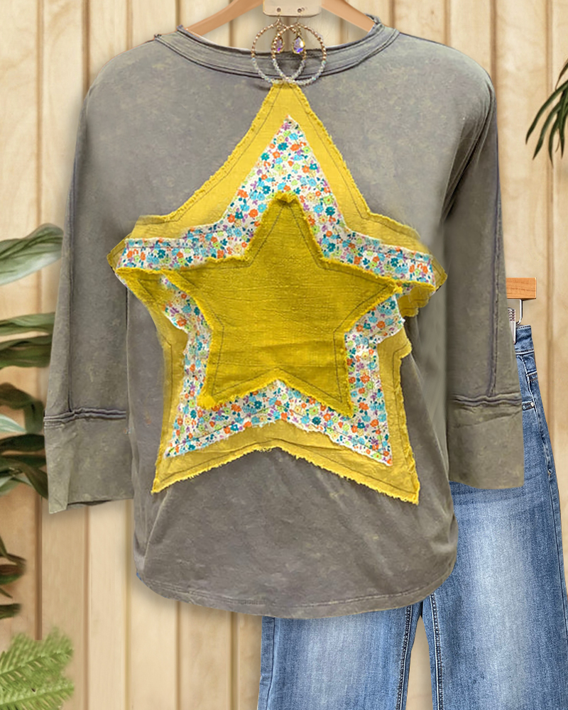 Star Applique Casual Round Neck Sweatshirt-S.fashion