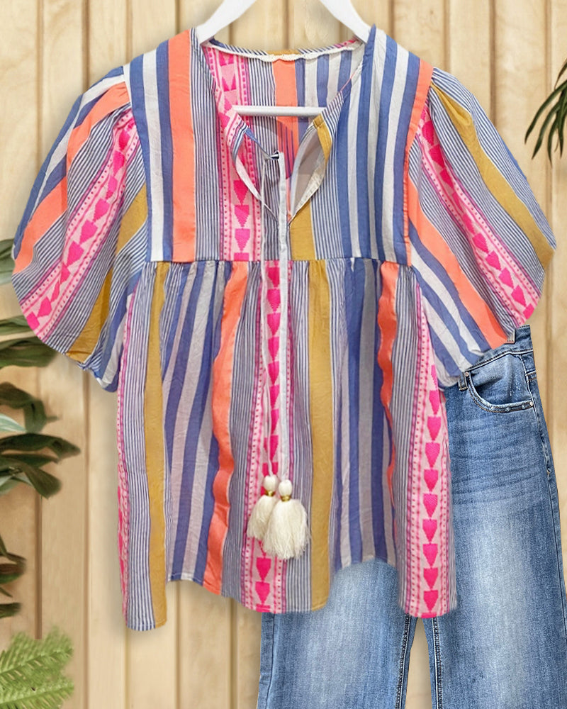 Tribal Print Pretty Tiered Lace-Up T-Shirt-S.fashion