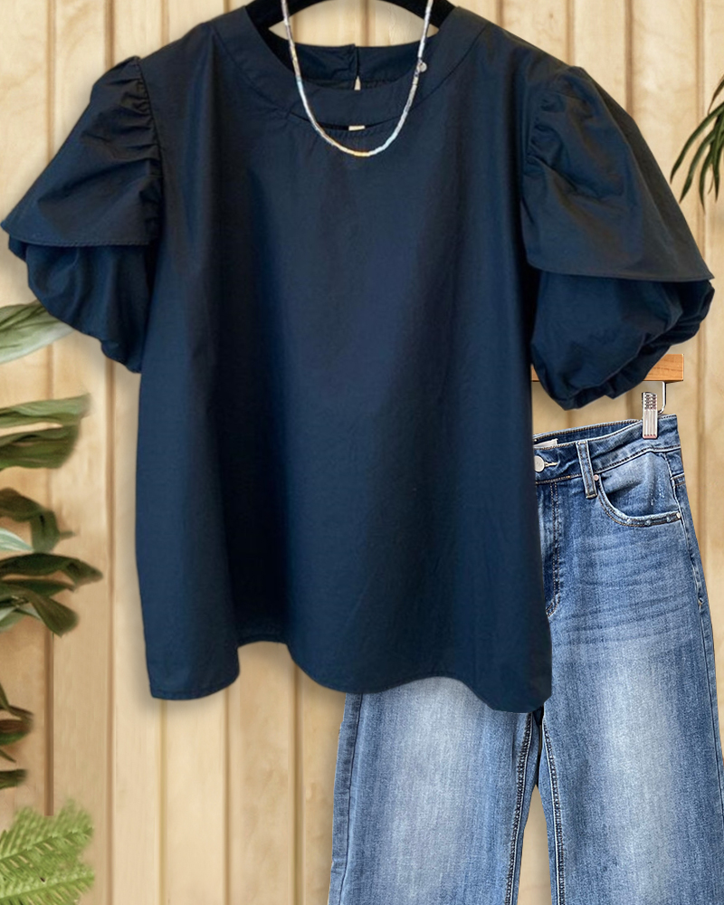 Solid Color Cutout Detail Cute Puff Sleeve T-Shirt-S.fashion