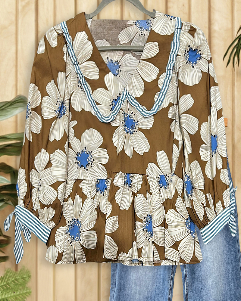 Floral Print Doll Collar Pretty Peplum Blouse-S.fashion