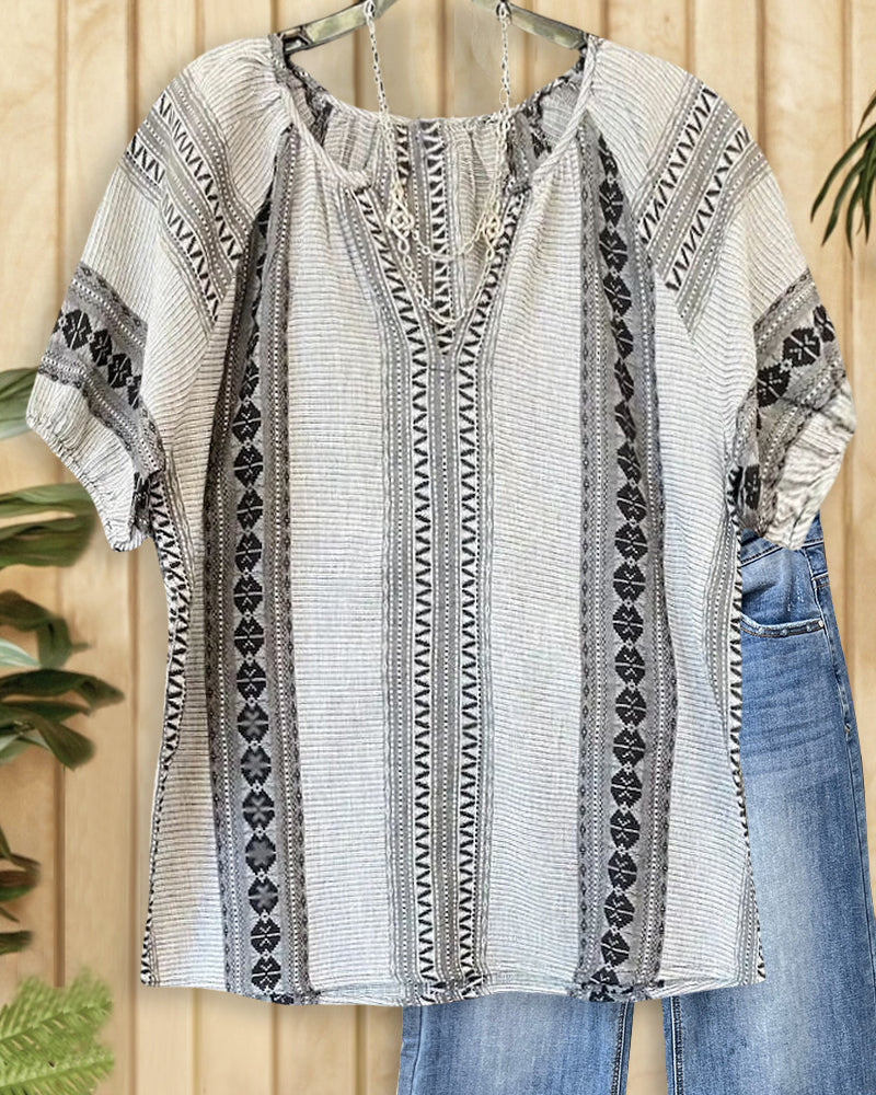 Geometric Print V Neck Laid Back Blouse-S.fashion
