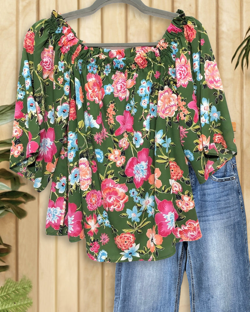 Floral Print Pastoral Boat Neck Blouse-S.fashion