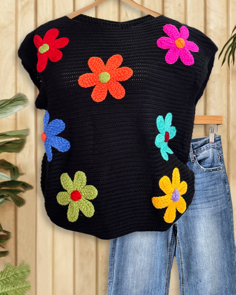 Multicolor Flower Laid Back Knitted Blouse-S.fashion