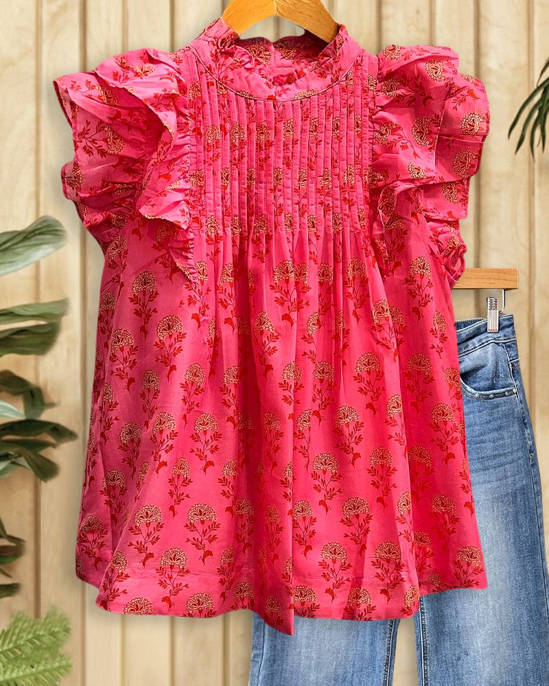 Floral Print Ruffle Sleeve Rocking Pleated Blouse-S.fashion