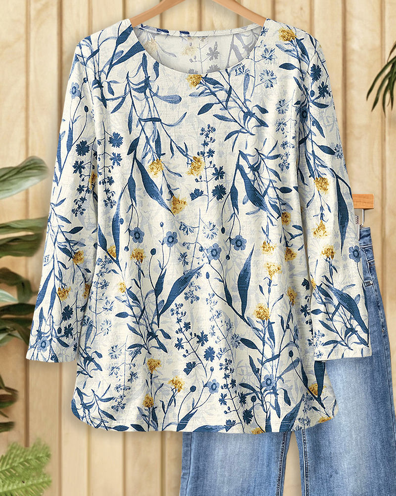 Floral Print Pretty Round Neck Blouse-S.fashion