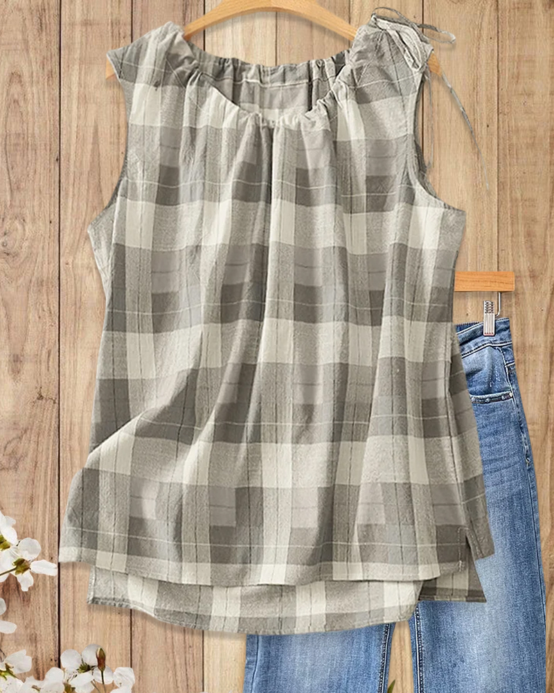 Plaid Cozy Round Neck Drawstring Sleeveless Shirt